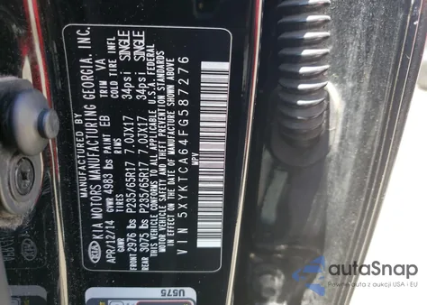 2015 Kia Sorento Lx from USA, damaged, VIN 5XYKTCA64FG587276